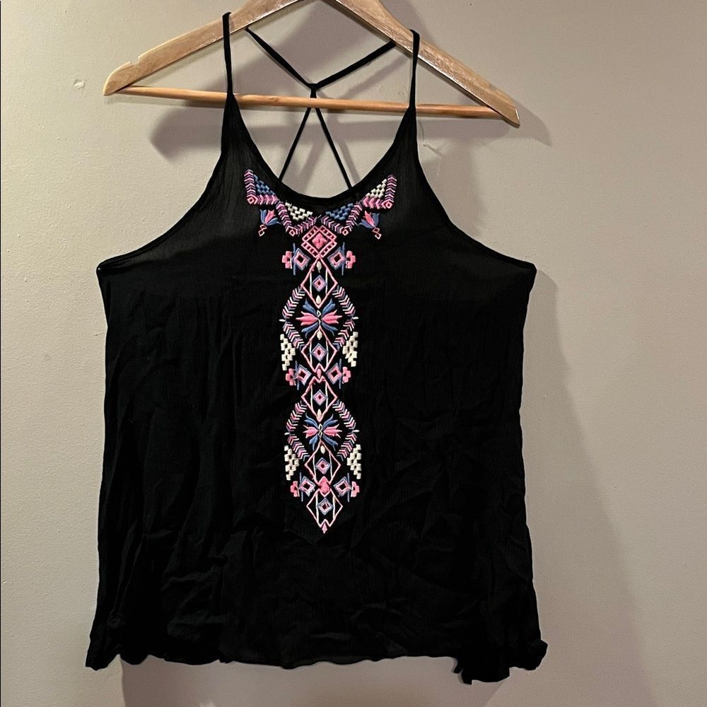 Truth NYC Black Tank Top with Pink & White Embroidered Front
